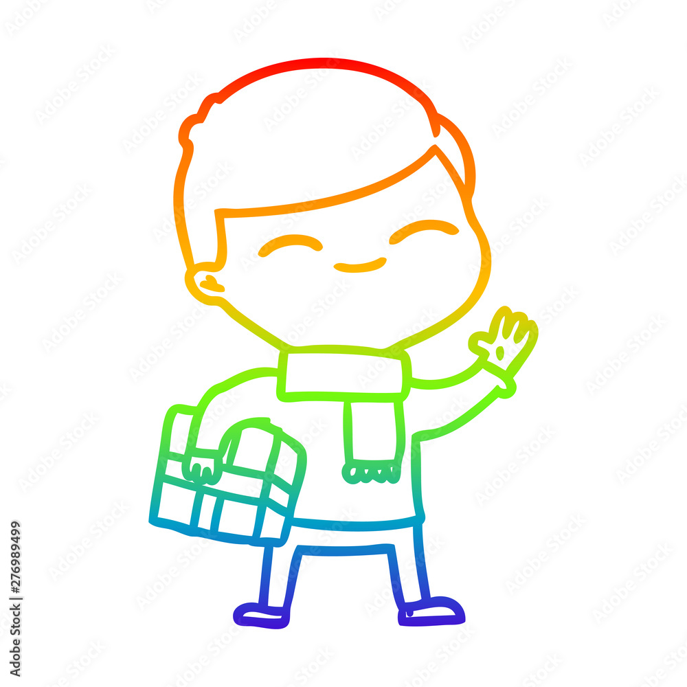 rainbow gradient line drawing cartoon smiling boy with gift rainbow gradient line drawing cartoon smiling boy with gift