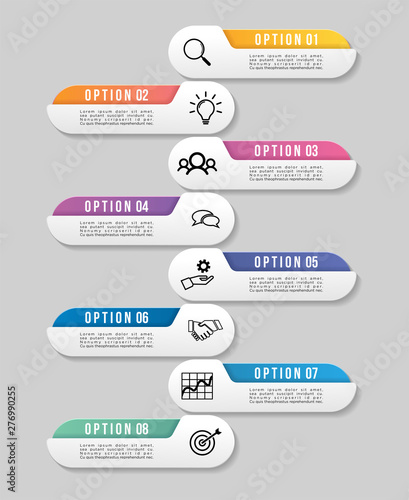 Timeline Infographic Design Template with Options Steps. Start to goal line process. Used for info graph, presentations, process, diagrams, annual reports, workflow layout. Vector Illustration