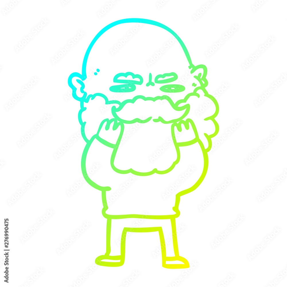 cold gradient line drawing cartoon man with beard frowning checking his beard