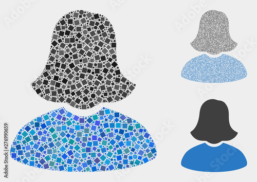 Collage Woman icon organized from round and square items in variable sizes, positions and proportions. Vector circle and square items are arranged into abstract collage woman icons.