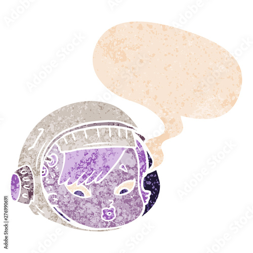 cartoon astronaut face and speech bubble in retro textured style