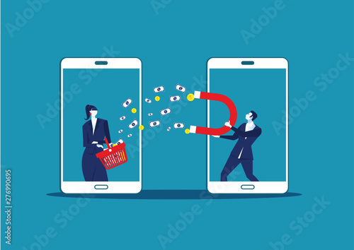 Business man holding a big magnet and attracting money profit income from mobile shop. Business success