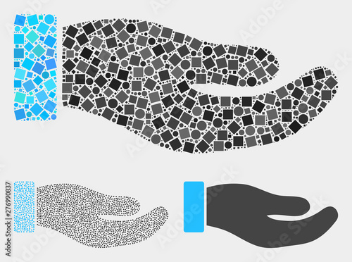Collage Petition hand icon constructed from circle and square items in various sizes, positions and proportions. Vector circle and square items are grouped into abstract collage petition hand icons.