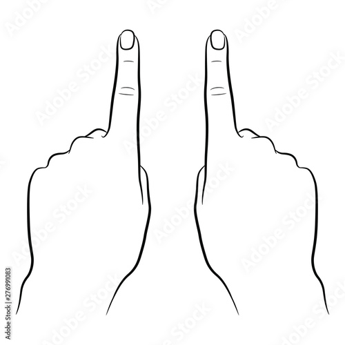 Two human hands with pointing up index finger. Top view. Black and white linear silhouette.