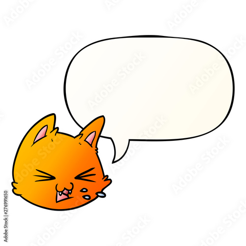spitting cartoon cat face and speech bubble in smooth gradient style