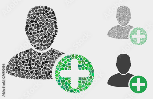 Collage Add user icon united from round and square elements in various sizes, positions and proportions. Vector round and square elements are united into abstract puzzle add user icons.