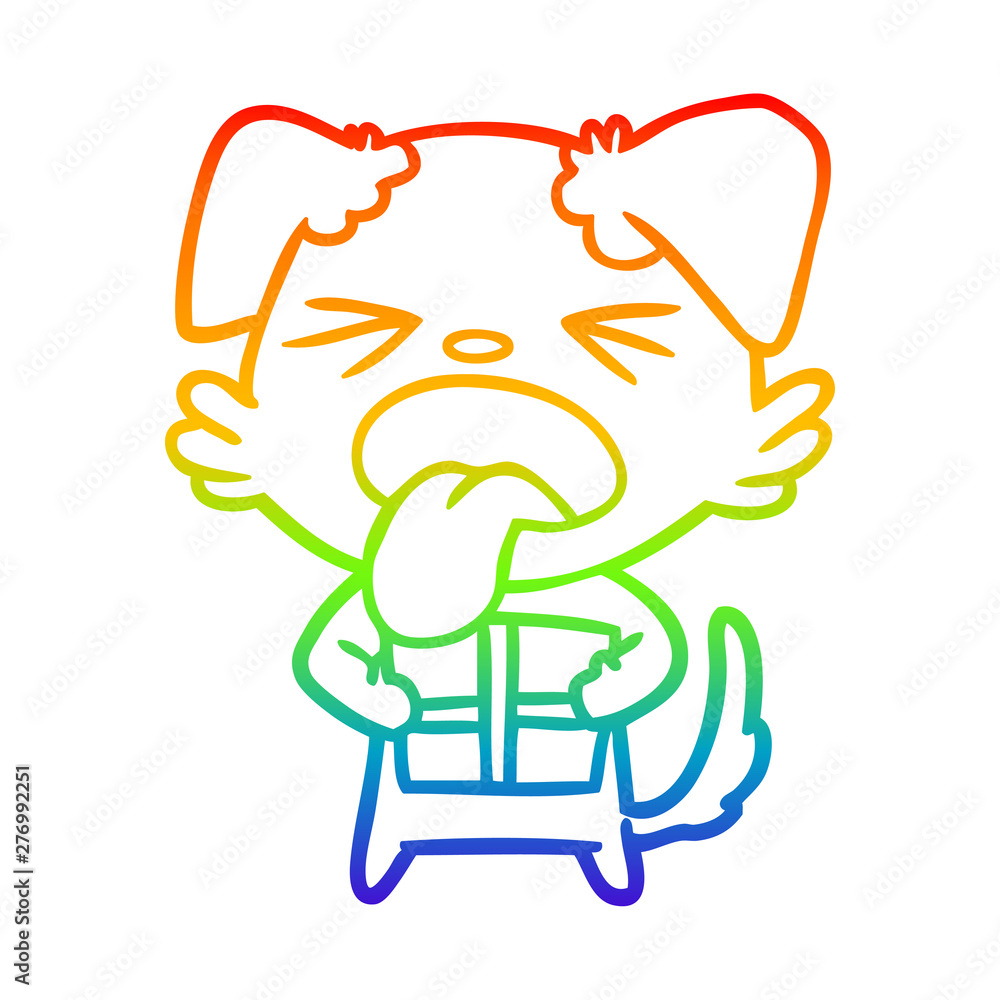 rainbow gradient line drawing cartoon dog with christmas present rainbow gradient line drawing cartoon dog with christmas present