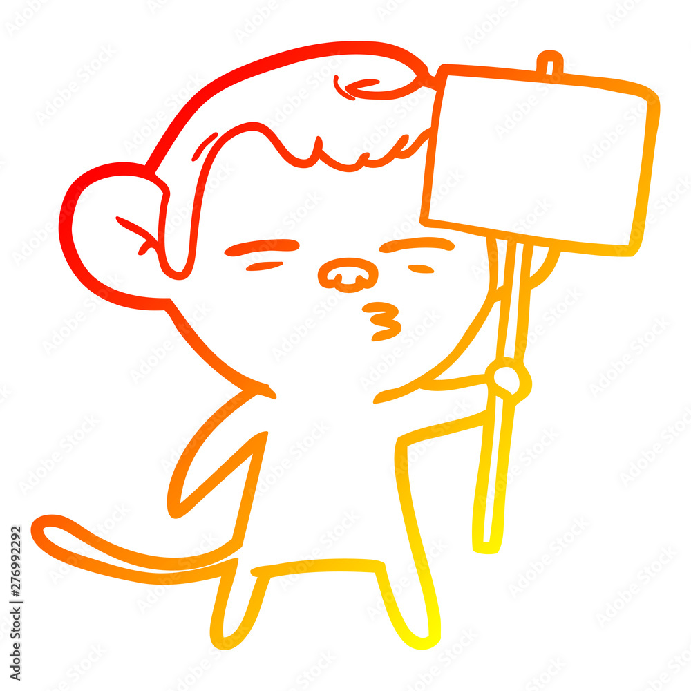 warm gradient line drawing cartoon suspicious monkey with signpost