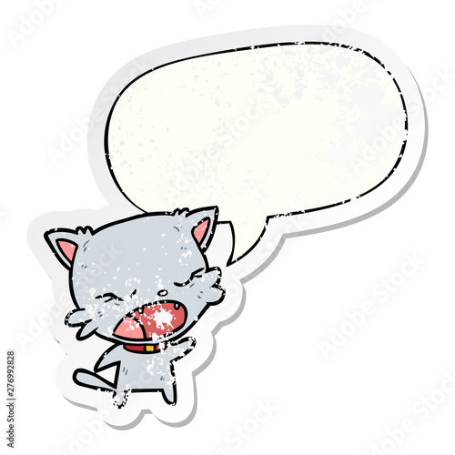 cute cartoon cat talking and speech bubble distressed sticker