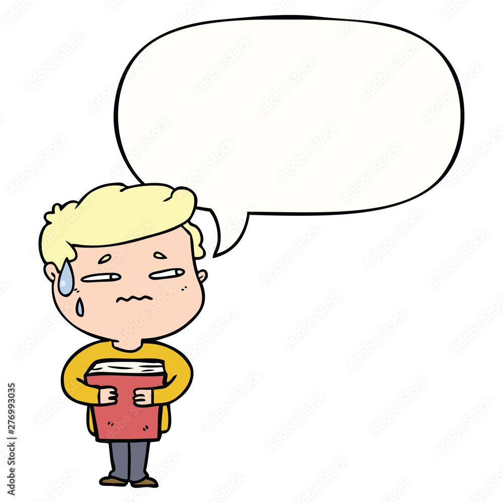 cartoon anxious boy carrying book and speech bubble cartoon anxious boy carrying book and speech bubble