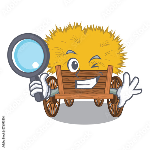 Detective hayride mascot in beside the barn