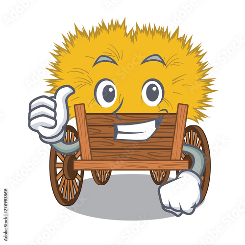 Thumbs up hayride mascot in beside the barn