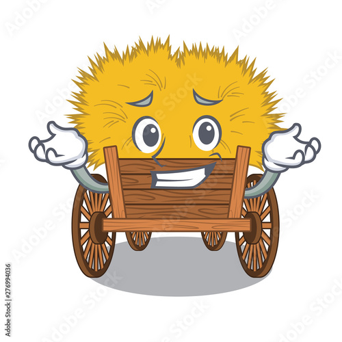 Grinning hayride mascot in beside the barn