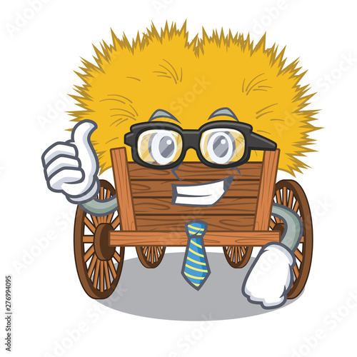 Businessman hayride mascot in beside the barn