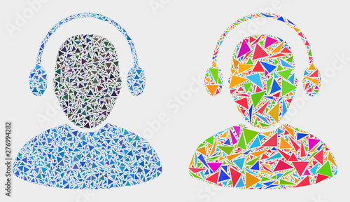 Audio operator mosaic icon of triangle items which have various sizes and shapes and colors. Geometric abstract vector illustration of audio operator.