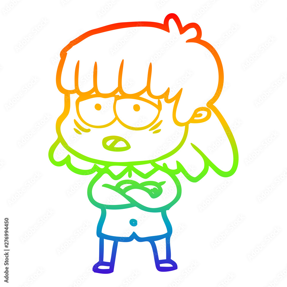 rainbow gradient line drawing cartoon tired woman