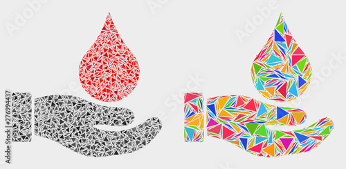 Blood donation hand mosaic icon of triangle items which have variable sizes and shapes and colors. Geometric abstract vector illustration of blood donation hand.