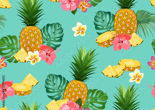 Pineapple seamless pattern whole and slice with tropical flower and leaves on green background. Summer background. Ananas fruits vector illustration.