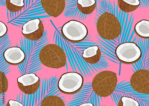Coconut fruits seamless pattern whole and piece with blue palm leaves on pink background. Summer background. Tropical fruit vector illustration