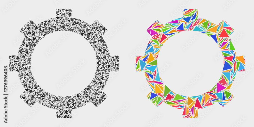 Cog mosaic icon of triangle items which have different sizes and shapes and colors. Geometric abstract vector design concept of cog. Random triangle items are grouped into bright colored cog mosaic. Cog mosaic icon of triangle items which have different sizes and shapes and colors. Geometric abstract vector design concept of cog. Random triangle items are grouped into bright colored cog mosaic.