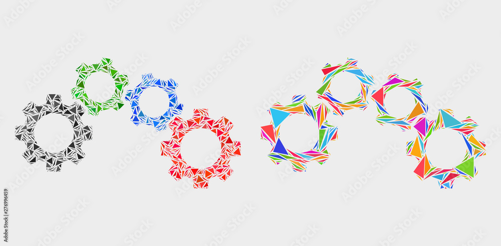 Cogwheel mechanism mosaic icon of triangle elements which have variable sizes and shapes and colors. Geometric abstract vector illustration of cogwheel mechanism.