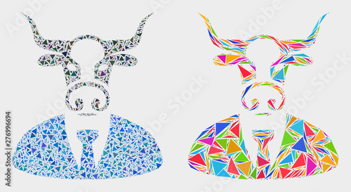 Cow boss mosaic icon of triangle items which have variable sizes and shapes and colors. Geometric abstract vector design concept of cow boss.