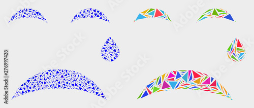 Crying smiley mosaic icon of triangle items which have different sizes and shapes and colors. Geometric abstract vector design concept of crying smiley.