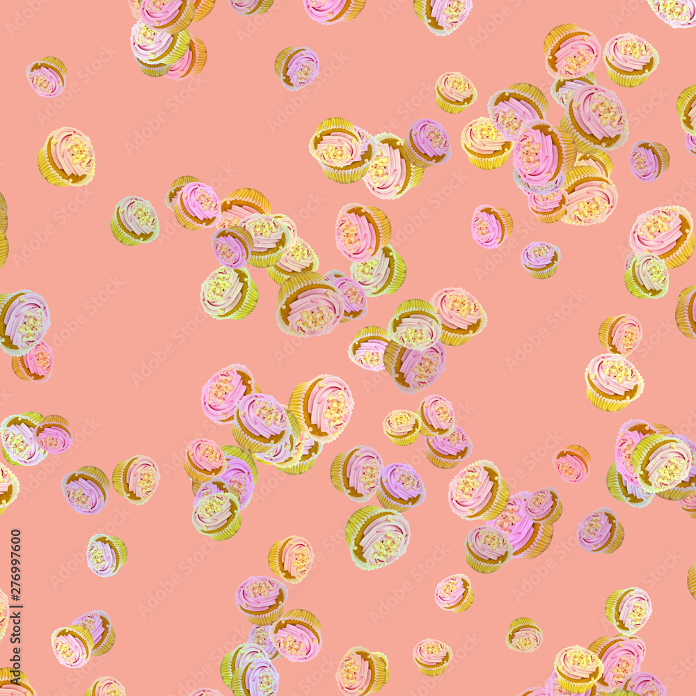 Pattern of a large number of cupcakes with pink cream on a pink background. Minimalism. Pattern of a large number of cupcakes with pink cream on a pink background. Minimalism.