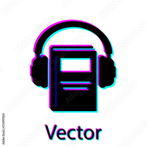 Black Audio book icon isolated on white background. Book with headphones. Audio guide sign. Online learning concept. Vector Illustration