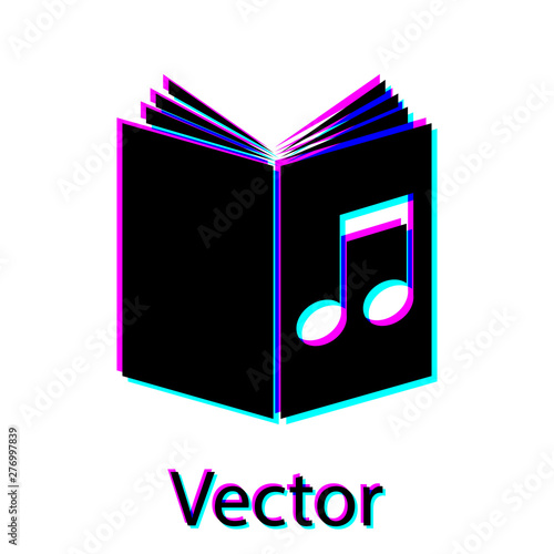 Black Audio book icon isolated on white background. Musical note with book. Audio guide sign. Online learning concept. Vector Illustration