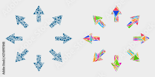 Expand arrows mosaic icon of triangle items which have different sizes and shapes and colors. Geometric abstract vector design concept of expand arrows.
