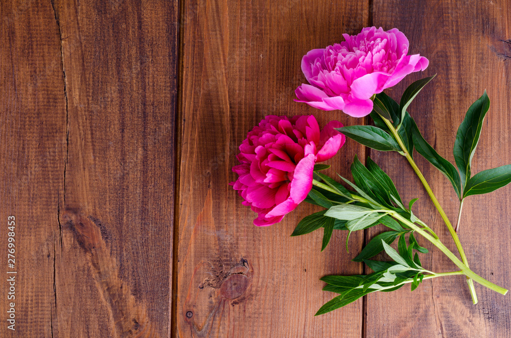 Two beautiful peonies with ribbon on wooden table Two beautiful peonies with ribbon on wooden table