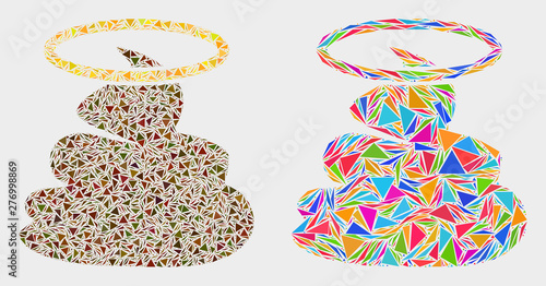 Holy shit mosaic icon of triangle items which have variable sizes and shapes and colors. Geometric abstract vector design concept of holy shit.