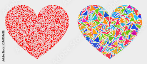 Love heart collage icon of triangle elements which have various sizes and shapes and colors. Geometric abstract vector design concept of love heart.