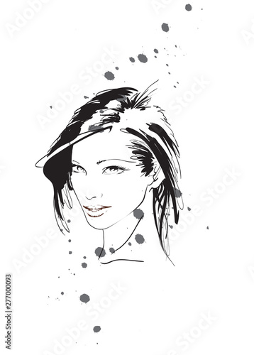 Beautiful young woman with hairstyle and expressive look. Fashion sketch. Fashion girls face. Hand-drawn fashion model. Woman face on a white background. Cosmetics.