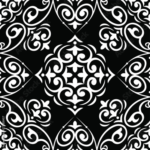 Seamless black and white vintage vector damask pattern