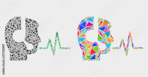 Operator speech signal collage icon of triangle elements which have various sizes and shapes and colors. Geometric abstract vector illustration of operator speech signal.