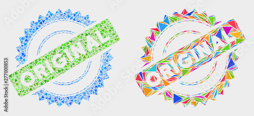 Original stamp mosaic icon of triangle elements which have different sizes and shapes and colors. Geometric abstract vector illustration of original stamp.