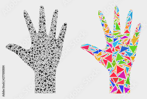Palm fingers mosaic icon of triangle items which have various sizes and shapes and colors. Geometric abstract vector illustration of palm fingers.