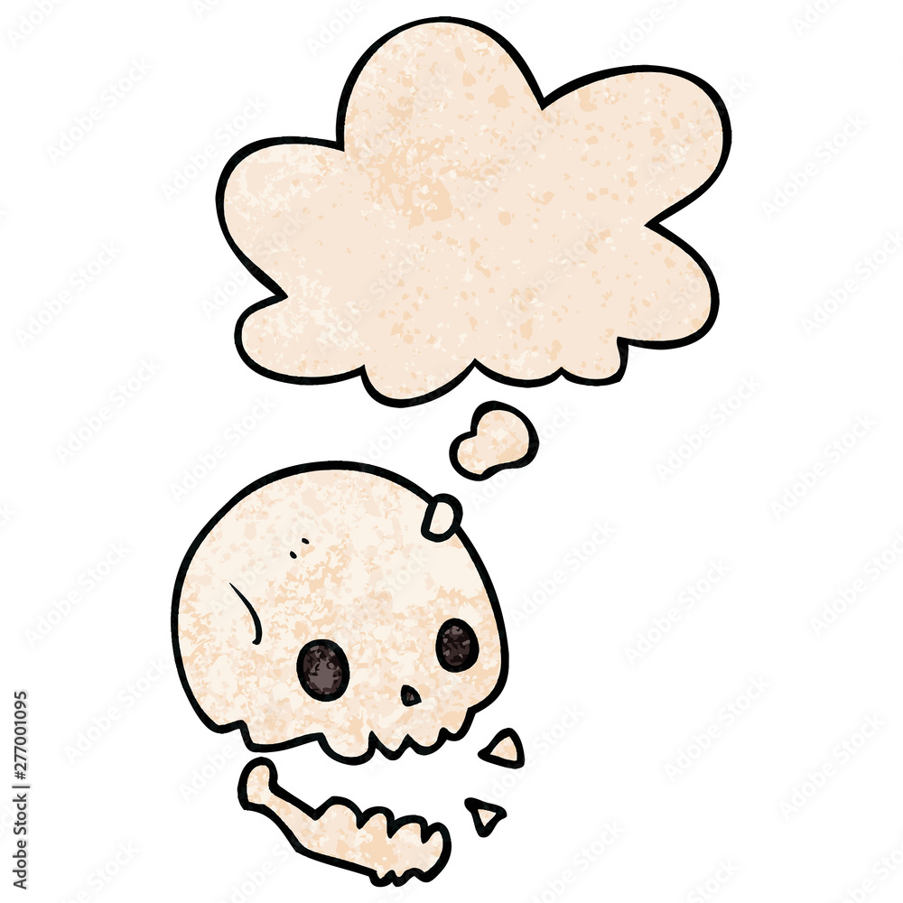 cartoon spooky skull and thought bubble in grunge texture pattern style