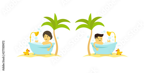 A man and woman takes a bath. Shower in the bathroom. Bathing time relaxation. Vector cartoon style.