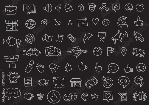 Many popular business icons sketch set outline line drawing by hand. Hand drawn collection vector. On a black background.