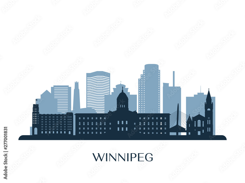 Winnipeg skyline, monochrome silhouette. Vector illustration.