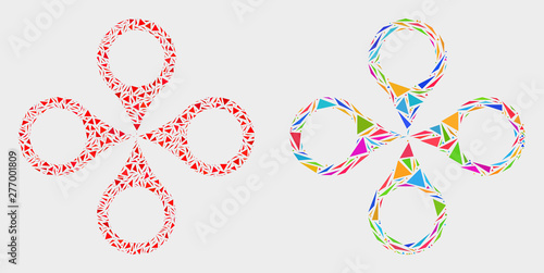 Quadrocopter collage icon of triangle elements which have various sizes and shapes and colors. Geometric abstract vector illustration of quadrocopter.