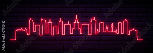 Red neon skyline of Warsaw city. Bright Warsaw Poland long banner. Vector illustration.