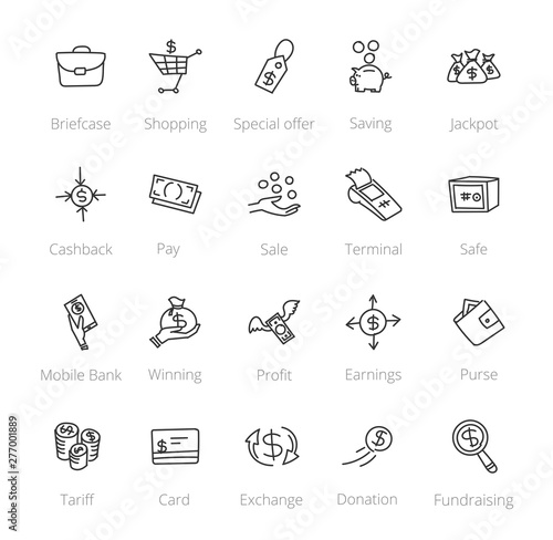 Money and finance. Set of icons. Drawn by hand. Line style hand drawn sketched.