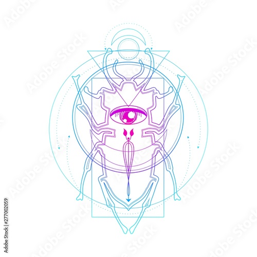 Mystical geometry symbol. Linear alchemy, occult, philosophical sign. For music album cover, poster, sacramental design. Astrology and religion concept. Beetle icon