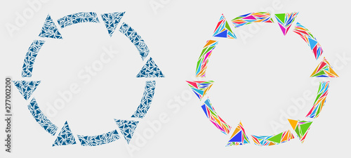 Rotate arrows collage icon of triangle elements which have variable sizes and shapes and colors. Geometric abstract vector illustration of rotate arrows.