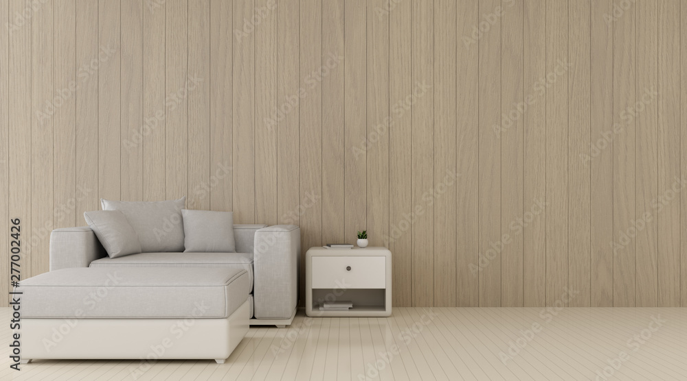 View of living room in minimal style with sofa and small side table on wood laminate wall and floor.Perspective of interior design. 3d rendering.	
