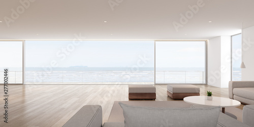 Perspective of modern luxury living room with white sofa and on sea view background,Idea of family vacation - warm timber interior design, architecture idea of large window system - 3D rendering. © nuchao